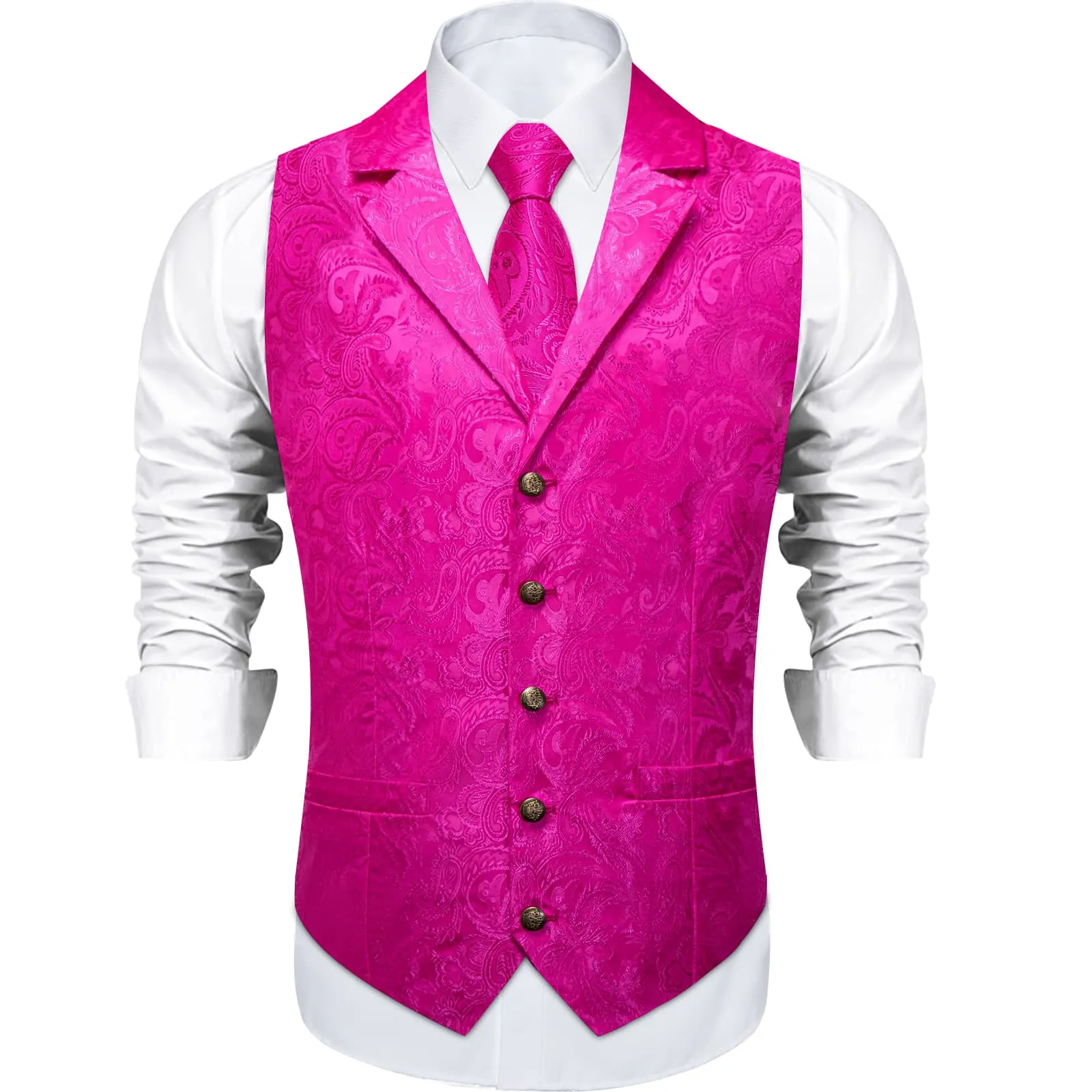 DiBanGu Bright Pink Paisley Silk Notched Collar Slim Fit Mens Waistcoat Tie Set