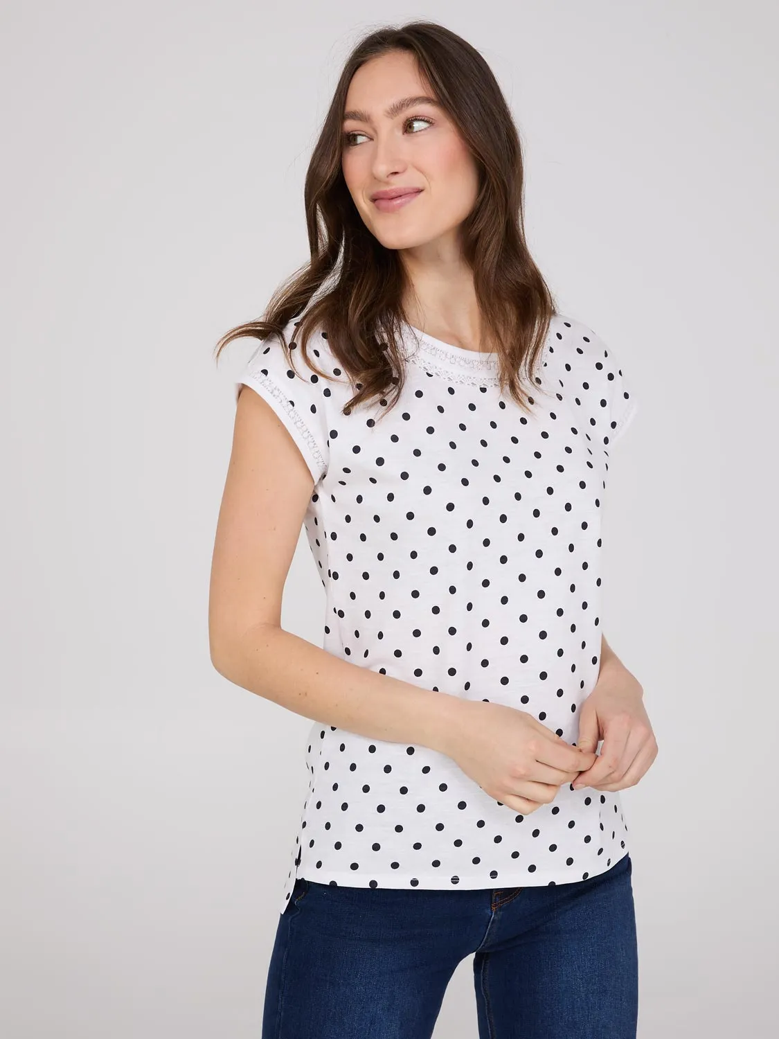 Dot Print Dolman Sleeve Top With Crochet Details