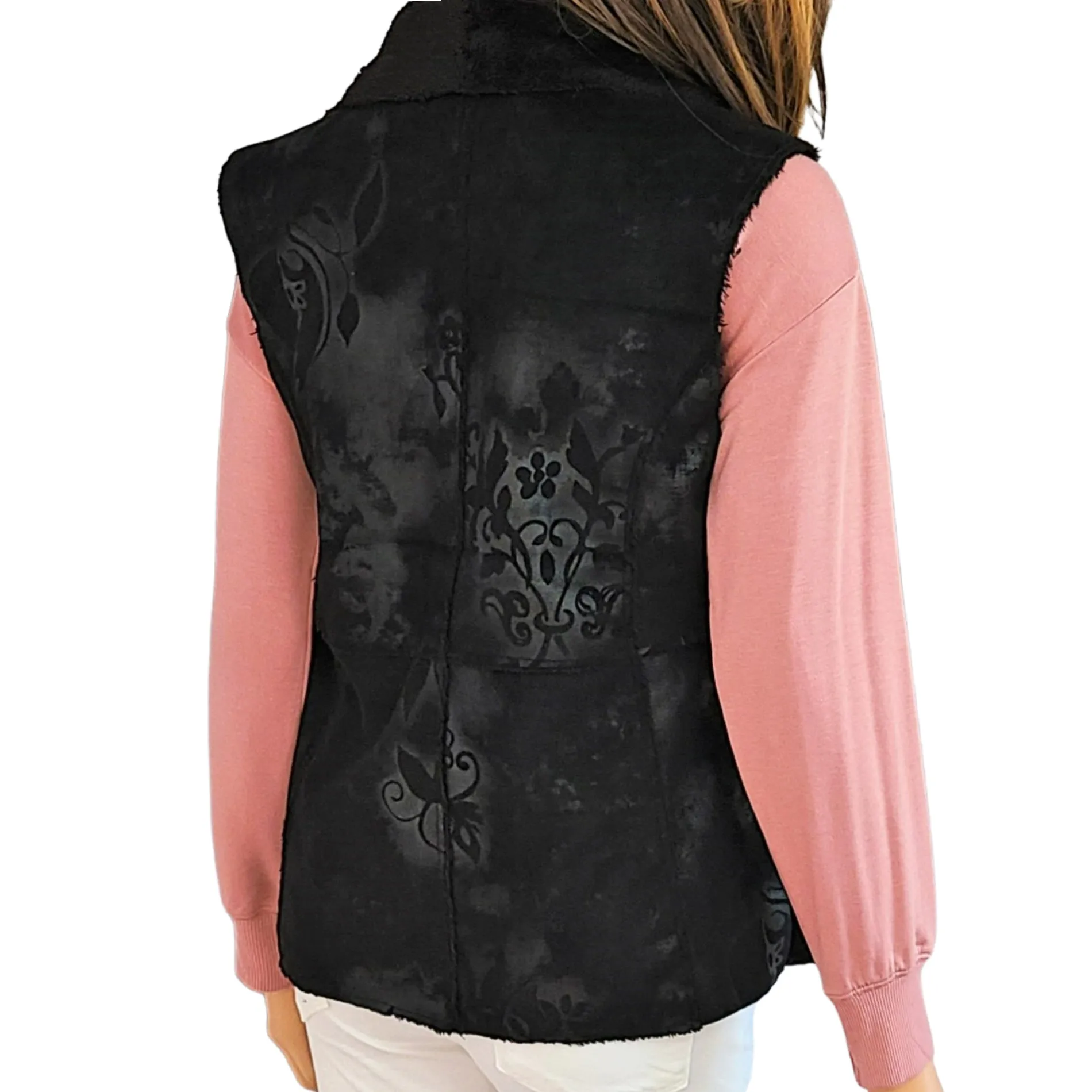 Dylan Women's Floral Print Vintage Look Faux Suede Fur Boho Vest