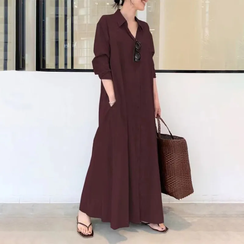 Elegant Long Sleeve Collared Maxi Dresses with Pockets