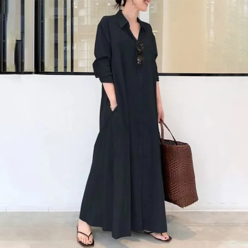 Elegant Long Sleeve Collared Maxi Dresses with Pockets