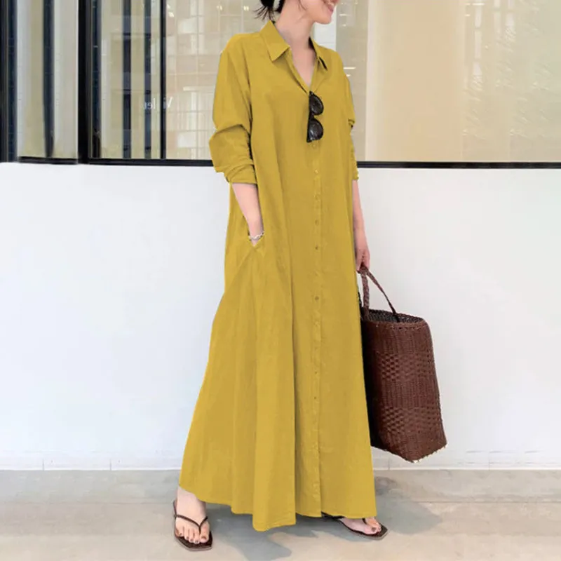 Elegant Long Sleeve Collared Maxi Dresses with Pockets