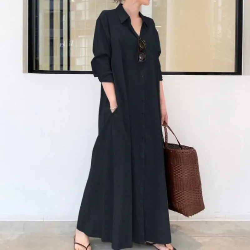 Elegant Long Sleeve Collared Maxi Dresses with Pockets