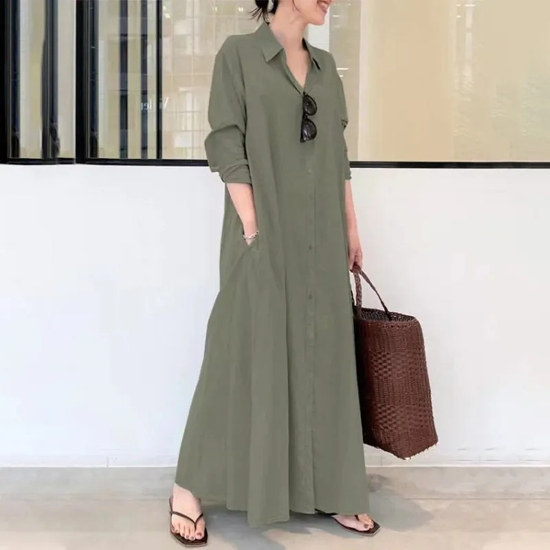 Elegant Long Sleeve Collared Maxi Dresses with Pockets