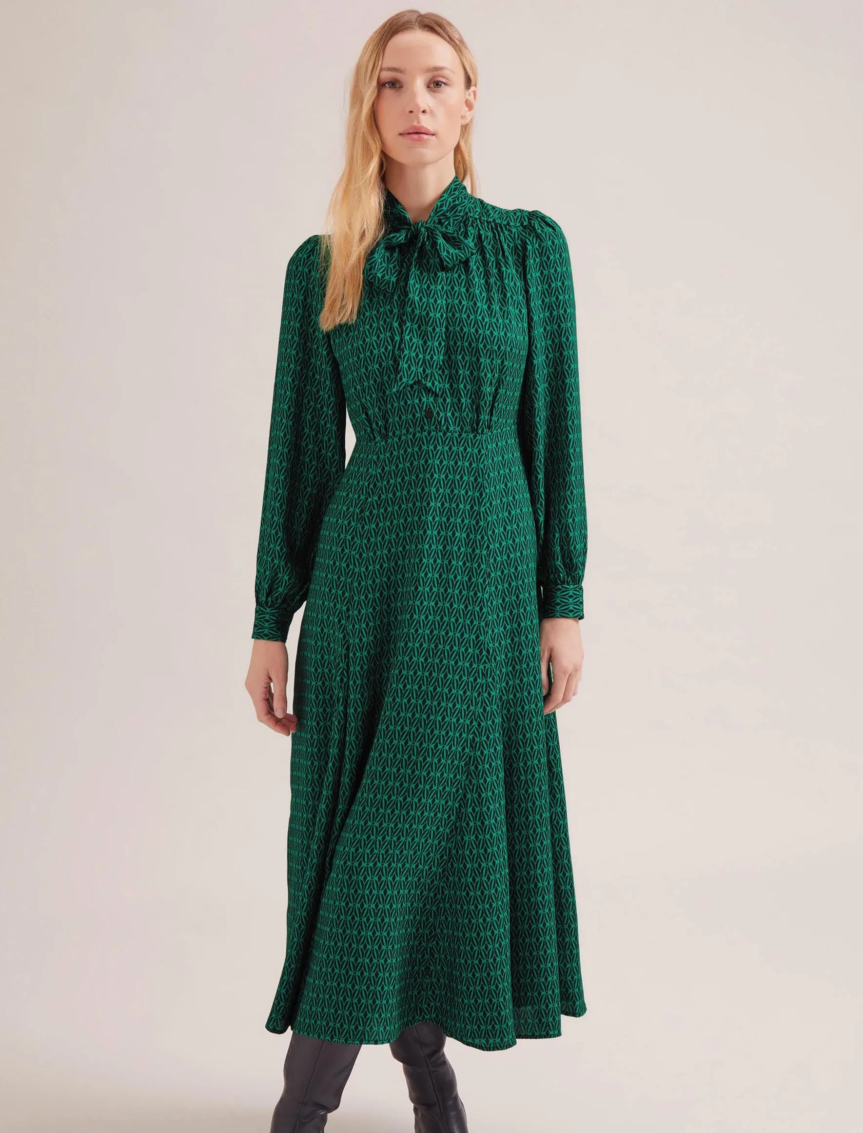 Elspeth Maxi Dress - Green Black Trellis Print