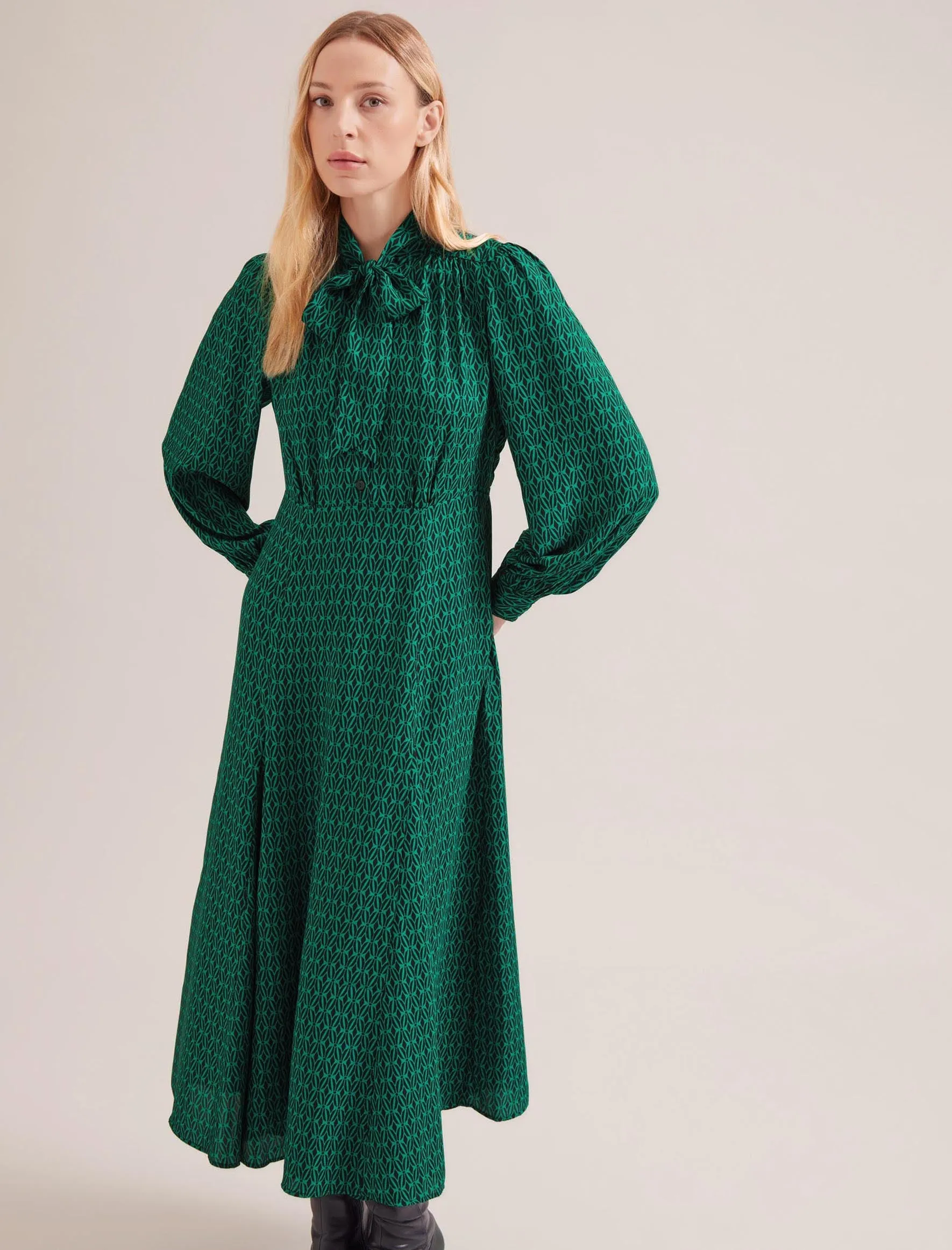 Elspeth Maxi Dress - Green Black Trellis Print