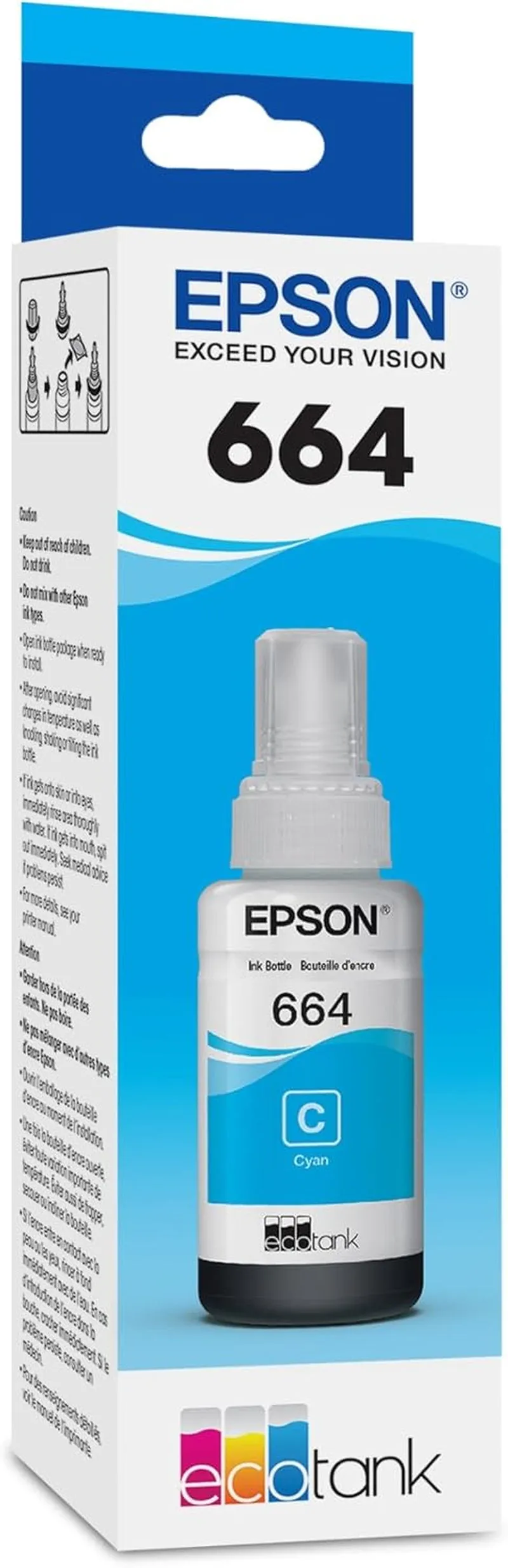 Epson 664 Ecotank Ink Ultra-High Capacity Bottle Cyan (T664220-S) Works with Ecotank ET-2500, ET-2550, ET-4500, ET-4550, ET-2600, ET-2650, ET-3600, ET-16500