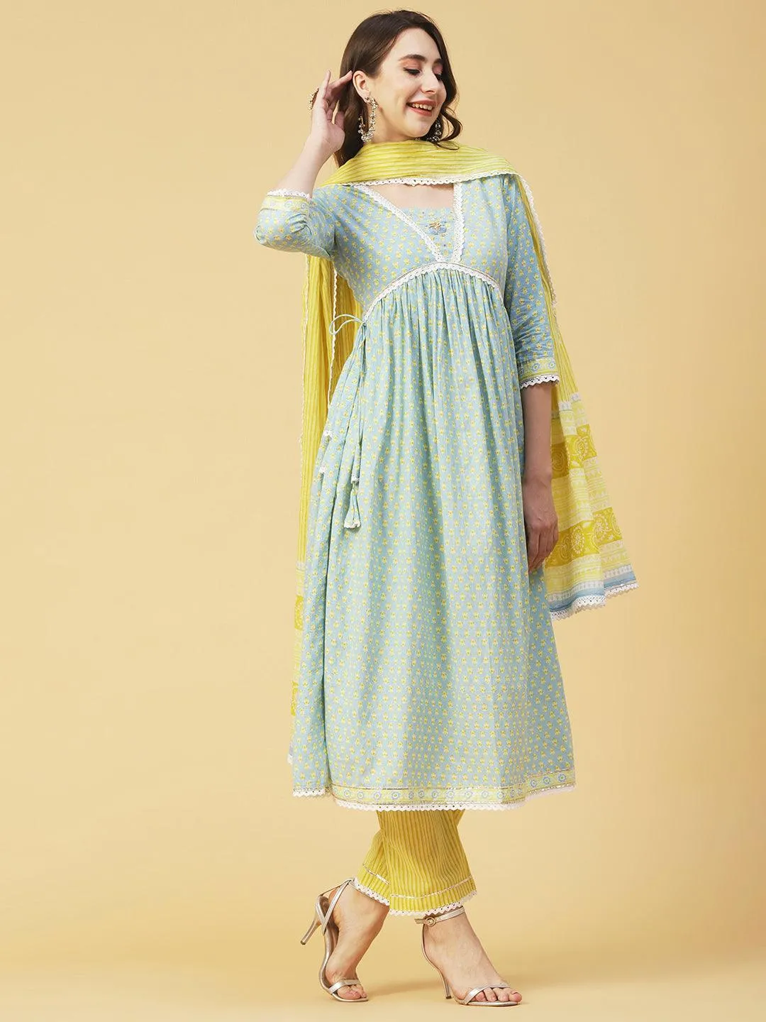 Ethnic Printed A-Line Gathered Kurta with Pant & Dupatta - Blue