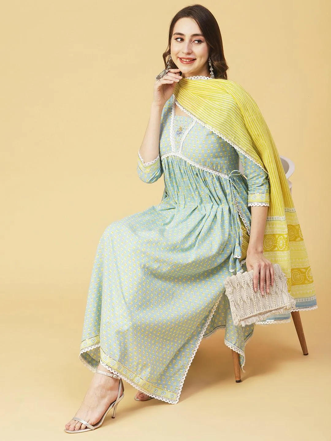 Ethnic Printed A-Line Gathered Kurta with Pant & Dupatta - Blue