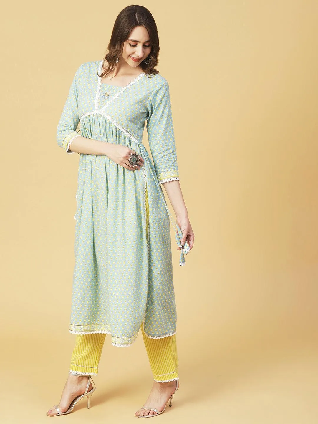 Ethnic Printed A-Line Gathered Kurta with Pant & Dupatta - Blue