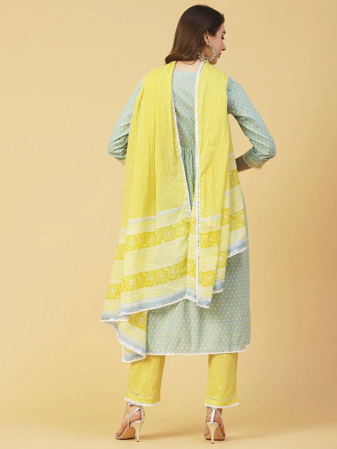 Ethnic Printed A-Line Gathered Kurta with Pant & Dupatta - Blue