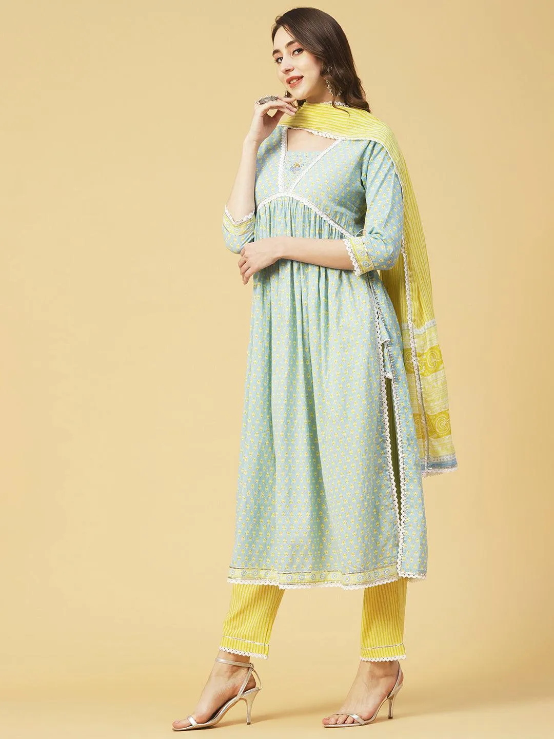 Ethnic Printed A-Line Gathered Kurta with Pant & Dupatta - Blue