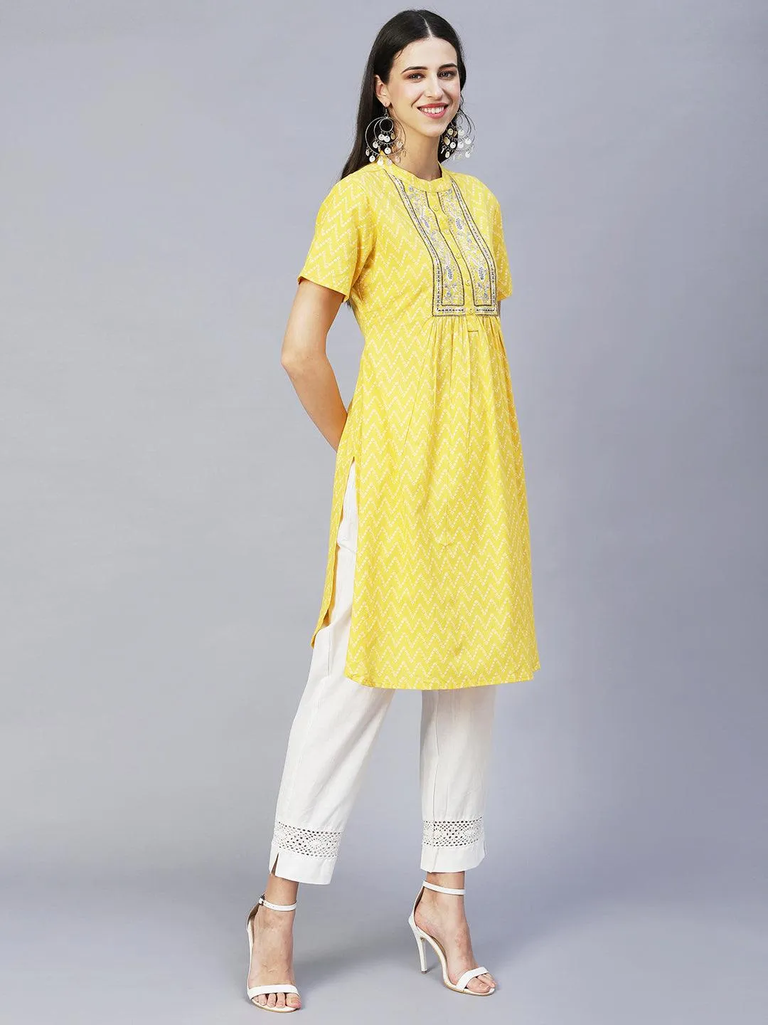 Ethnic Printed & Embroidered A-Line Kurta with Pants - Yellow