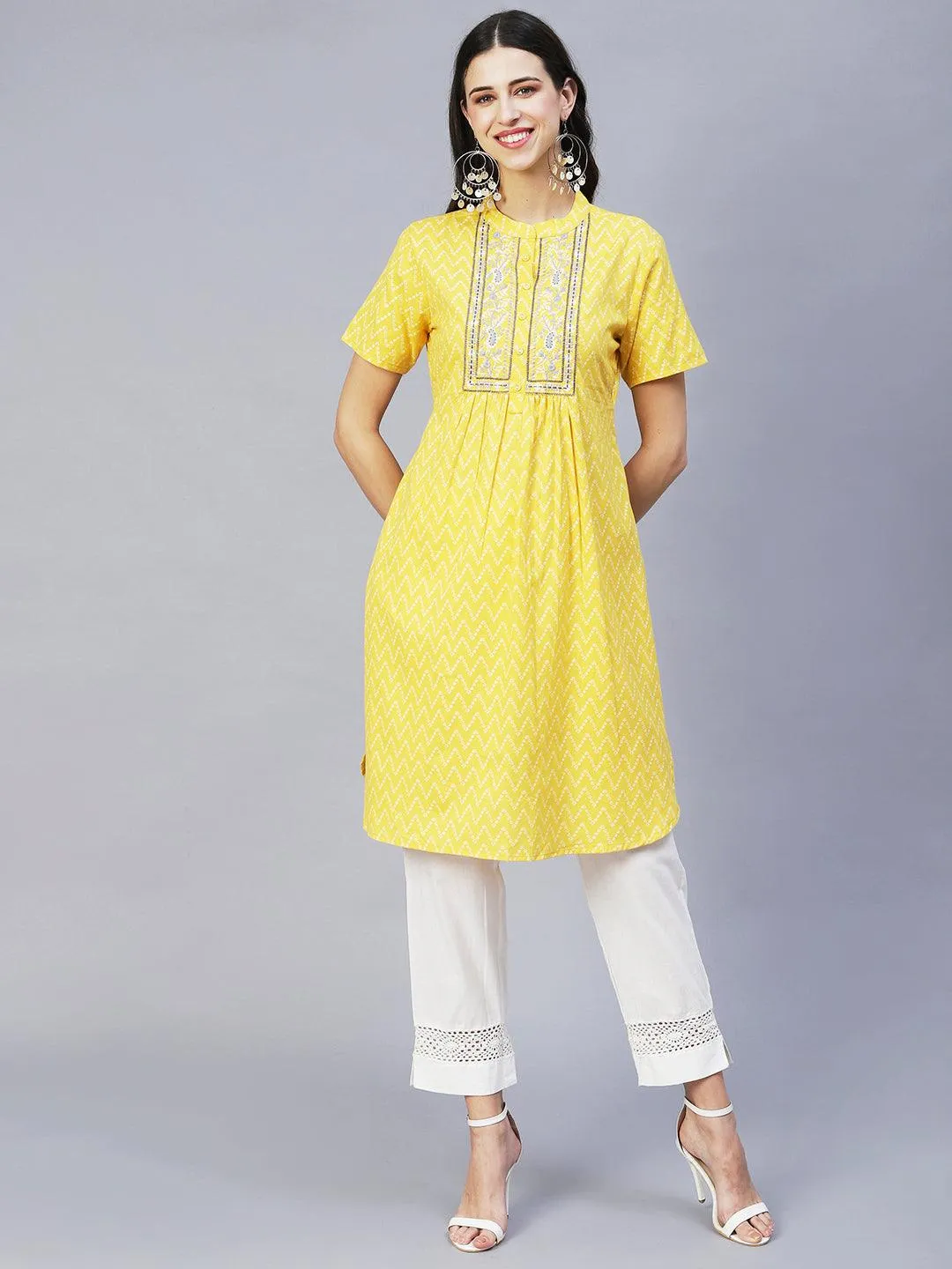 Ethnic Printed & Embroidered A-Line Kurta with Pants - Yellow