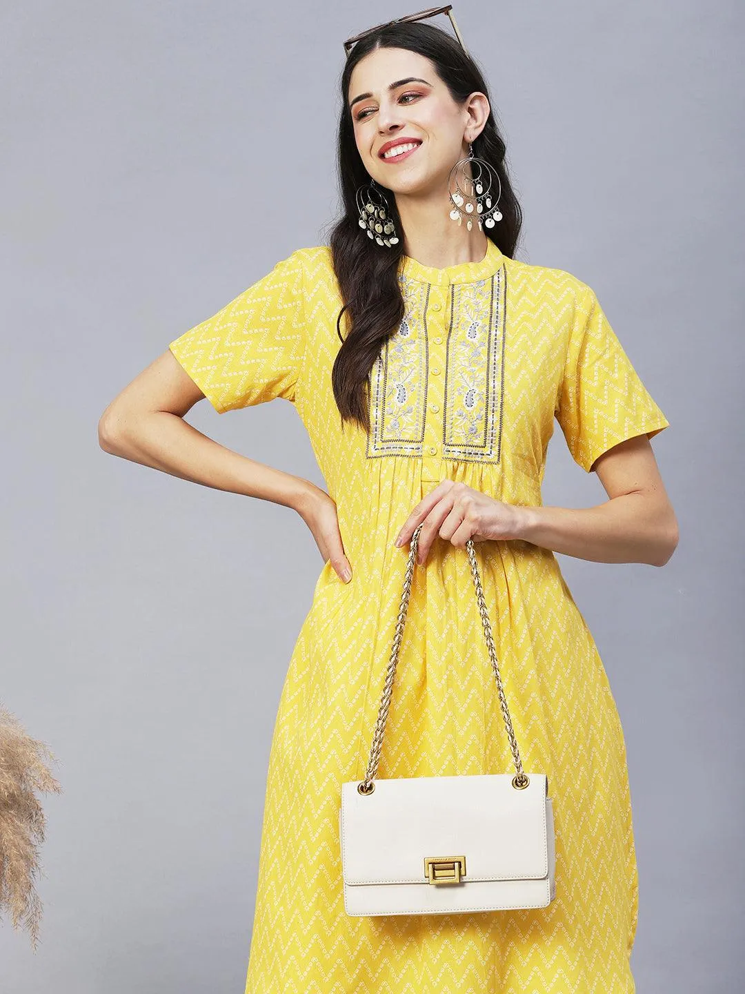 Ethnic Printed & Embroidered A-Line Kurta with Pants - Yellow