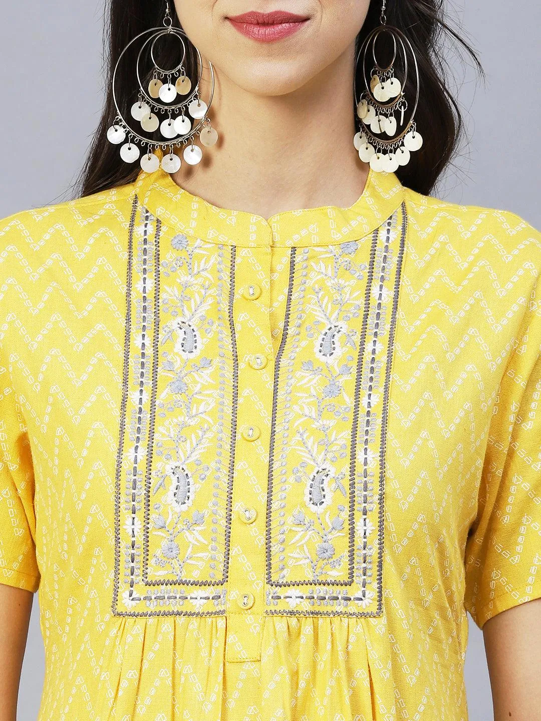 Ethnic Printed & Embroidered A-Line Kurta with Pants - Yellow