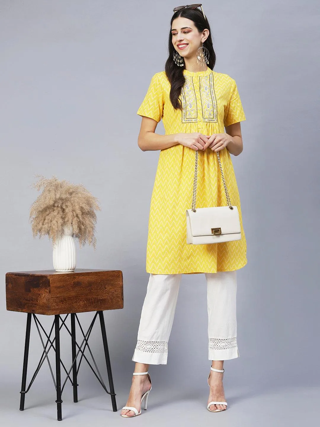 Ethnic Printed & Embroidered A-Line Kurta with Pants - Yellow