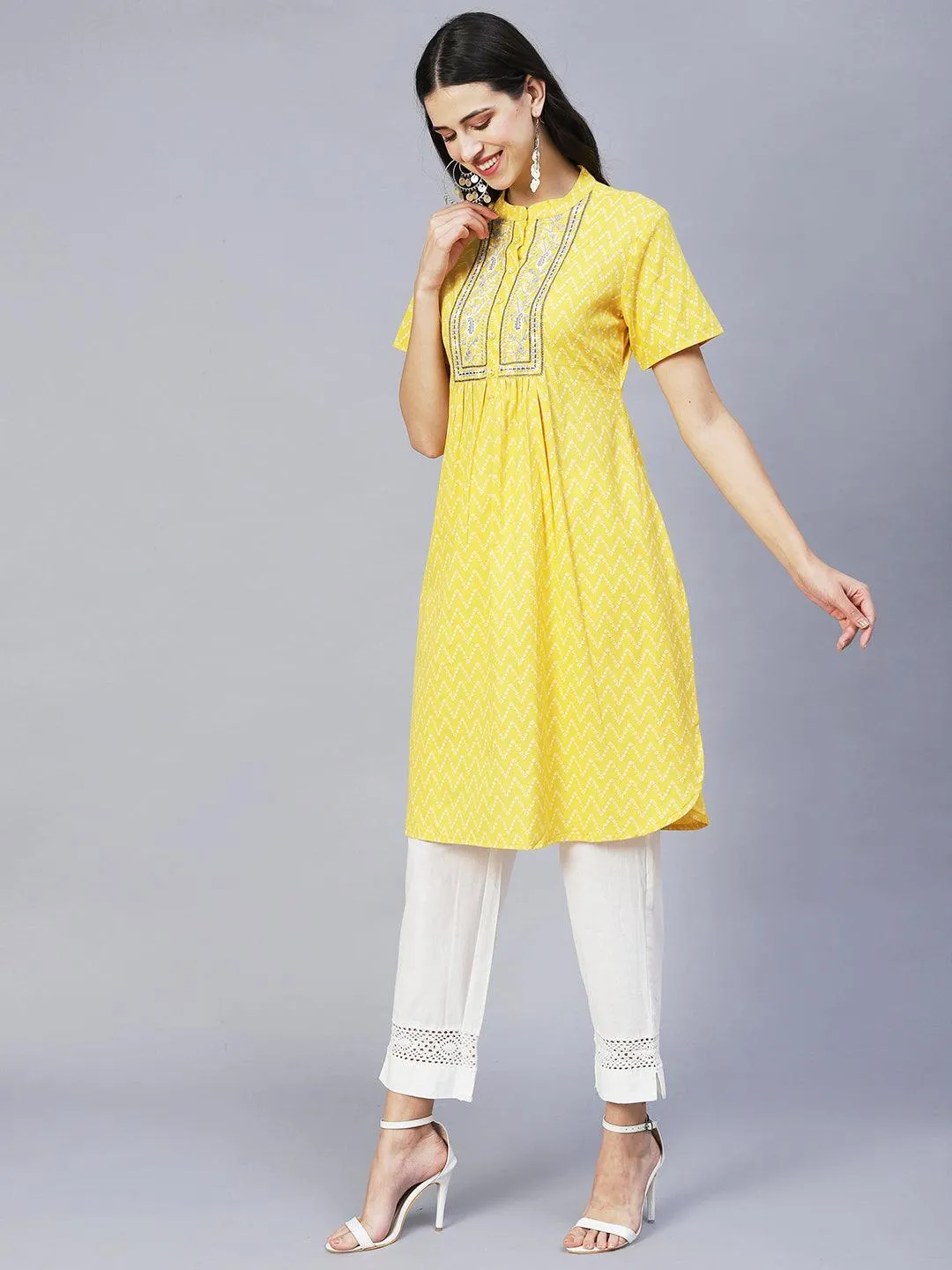 Ethnic Printed & Embroidered A-Line Kurta with Pants - Yellow