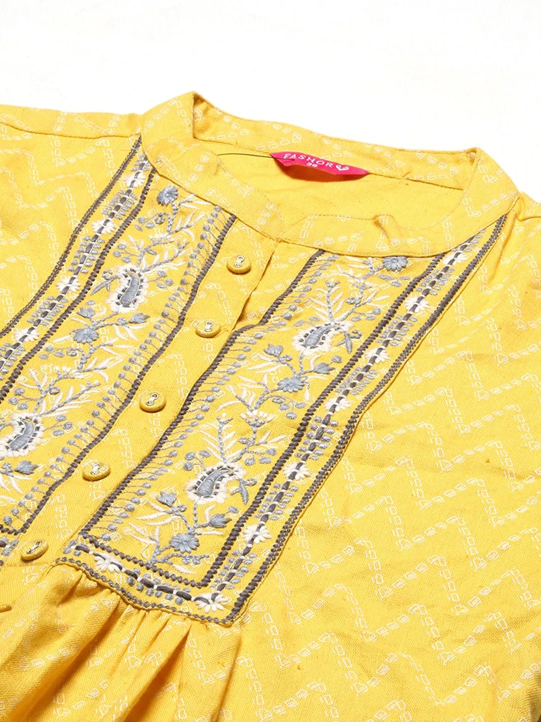 Ethnic Printed & Embroidered A-Line Kurta with Pants - Yellow