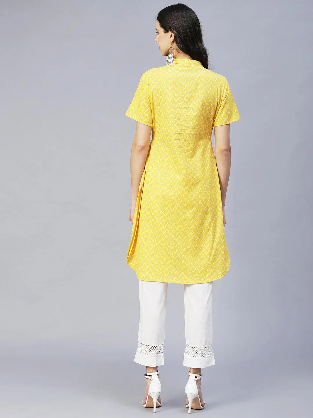 Ethnic Printed & Embroidered A-Line Kurta with Pants - Yellow