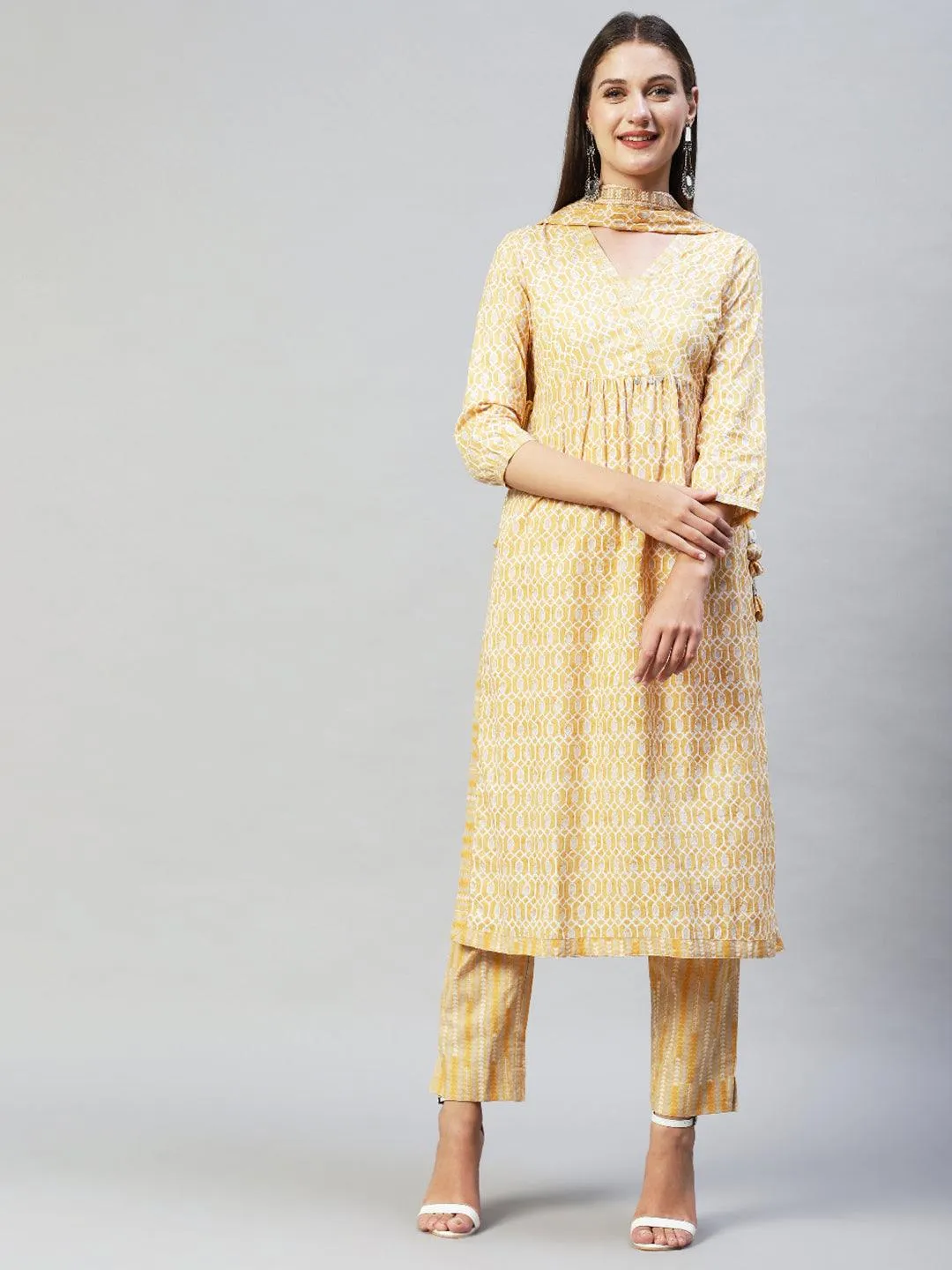 Ethnic Printed & Hand Embroidered Kurta with Pants & Dupatta - Yellow