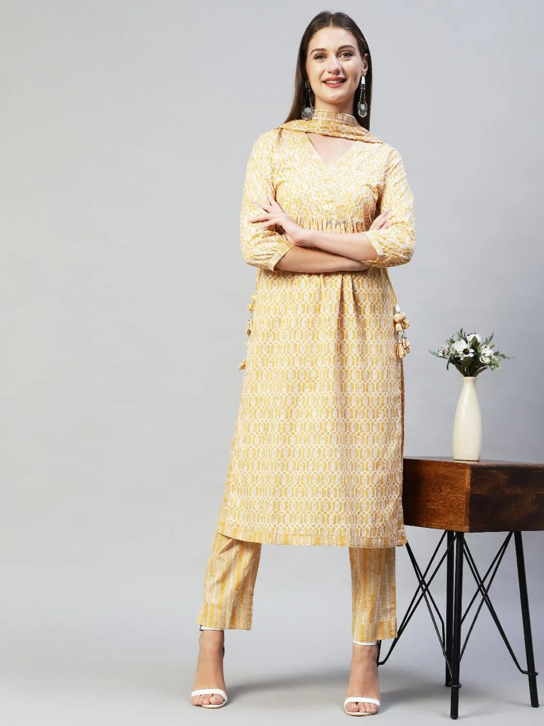 Ethnic Printed & Hand Embroidered Kurta with Pants & Dupatta - Yellow