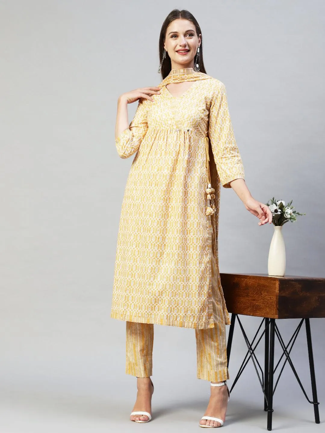 Ethnic Printed & Hand Embroidered Kurta with Pants & Dupatta - Yellow