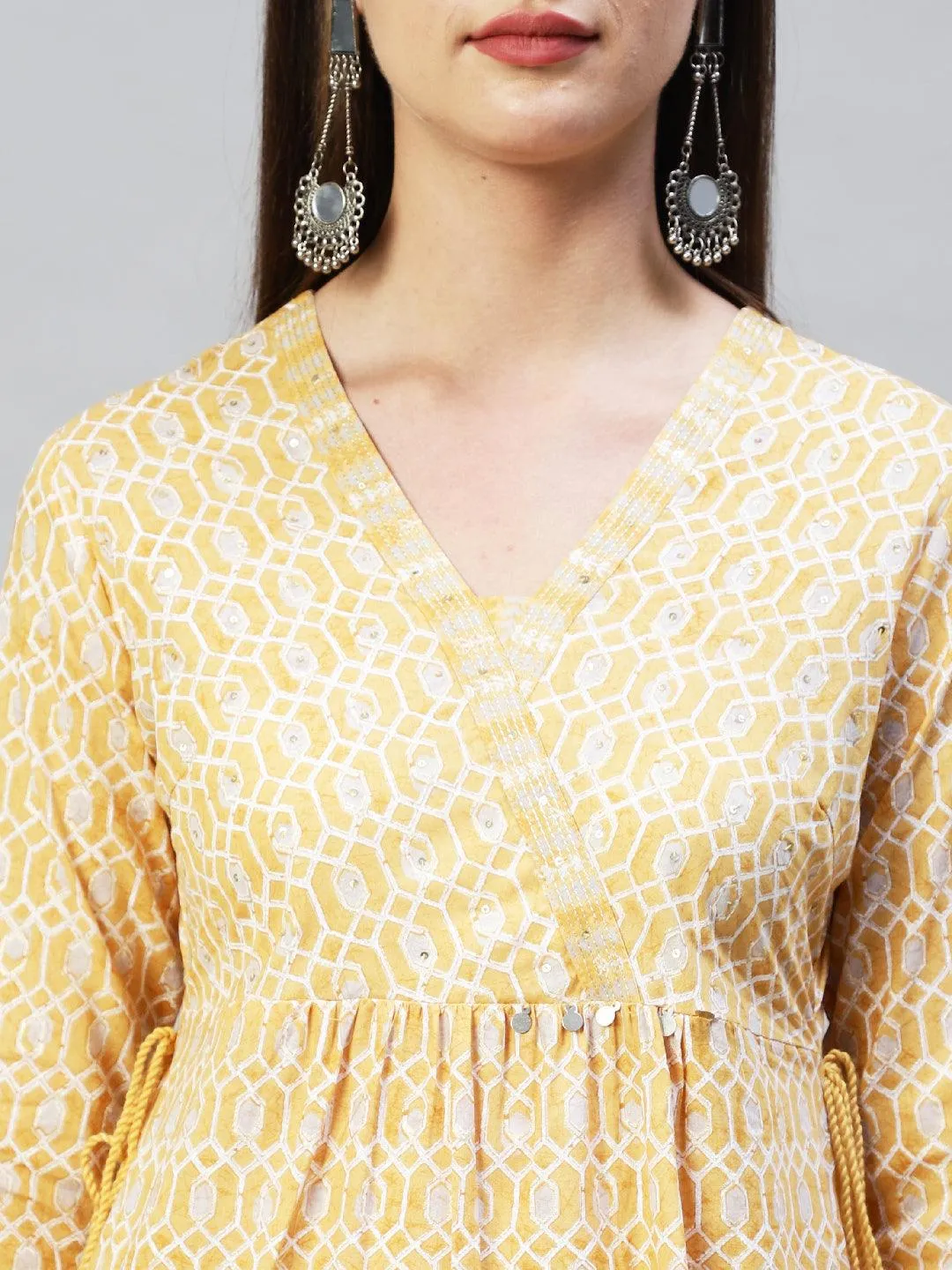 Ethnic Printed & Hand Embroidered Kurta with Pants & Dupatta - Yellow