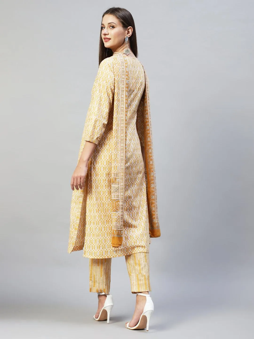 Ethnic Printed & Hand Embroidered Kurta with Pants & Dupatta - Yellow