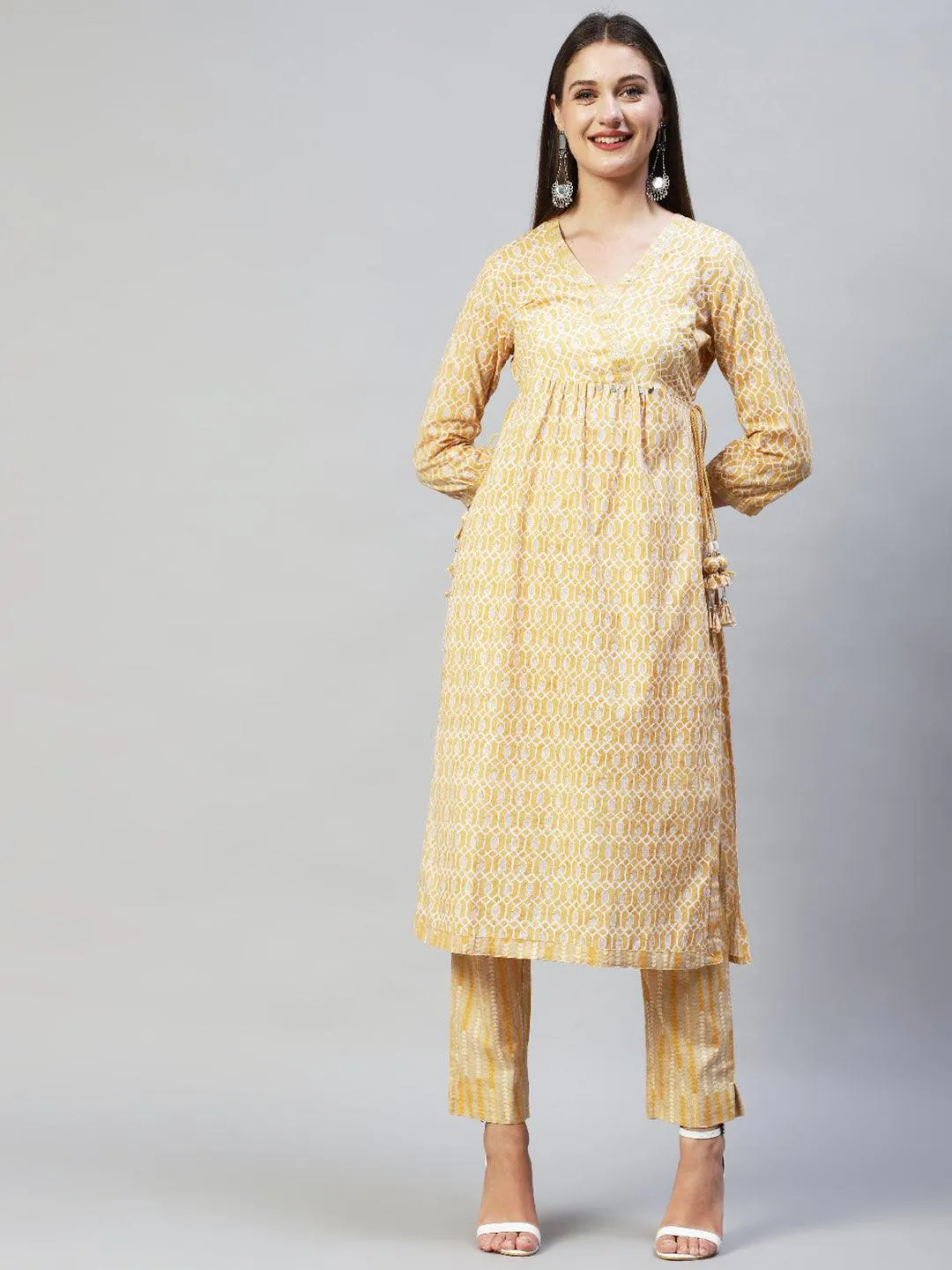 Ethnic Printed & Hand Embroidered Kurta with Pants & Dupatta - Yellow