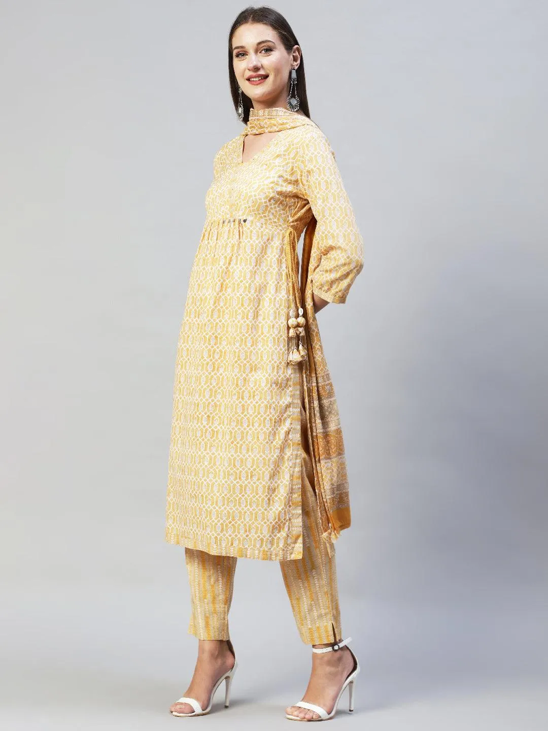 Ethnic Printed & Hand Embroidered Kurta with Pants & Dupatta - Yellow