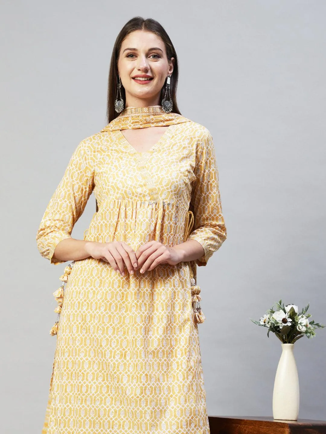 Ethnic Printed & Hand Embroidered Kurta with Pants & Dupatta - Yellow