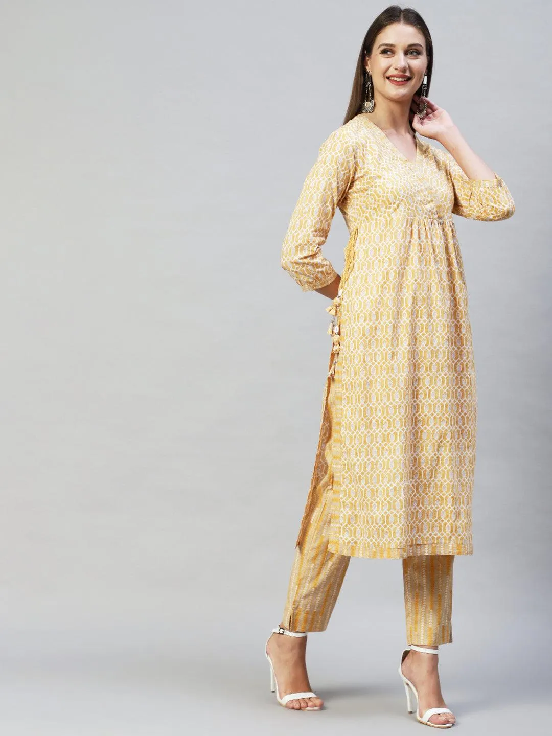 Ethnic Printed & Hand Embroidered Kurta with Pants & Dupatta - Yellow