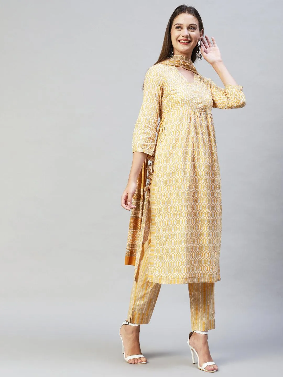 Ethnic Printed & Hand Embroidered Kurta with Pants & Dupatta - Yellow