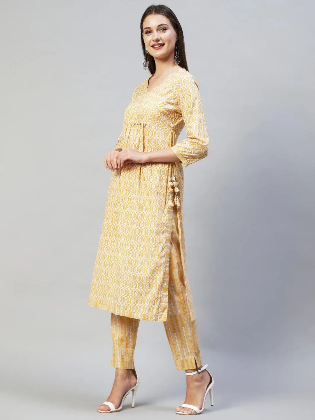 Ethnic Printed & Hand Embroidered Kurta with Pants & Dupatta - Yellow