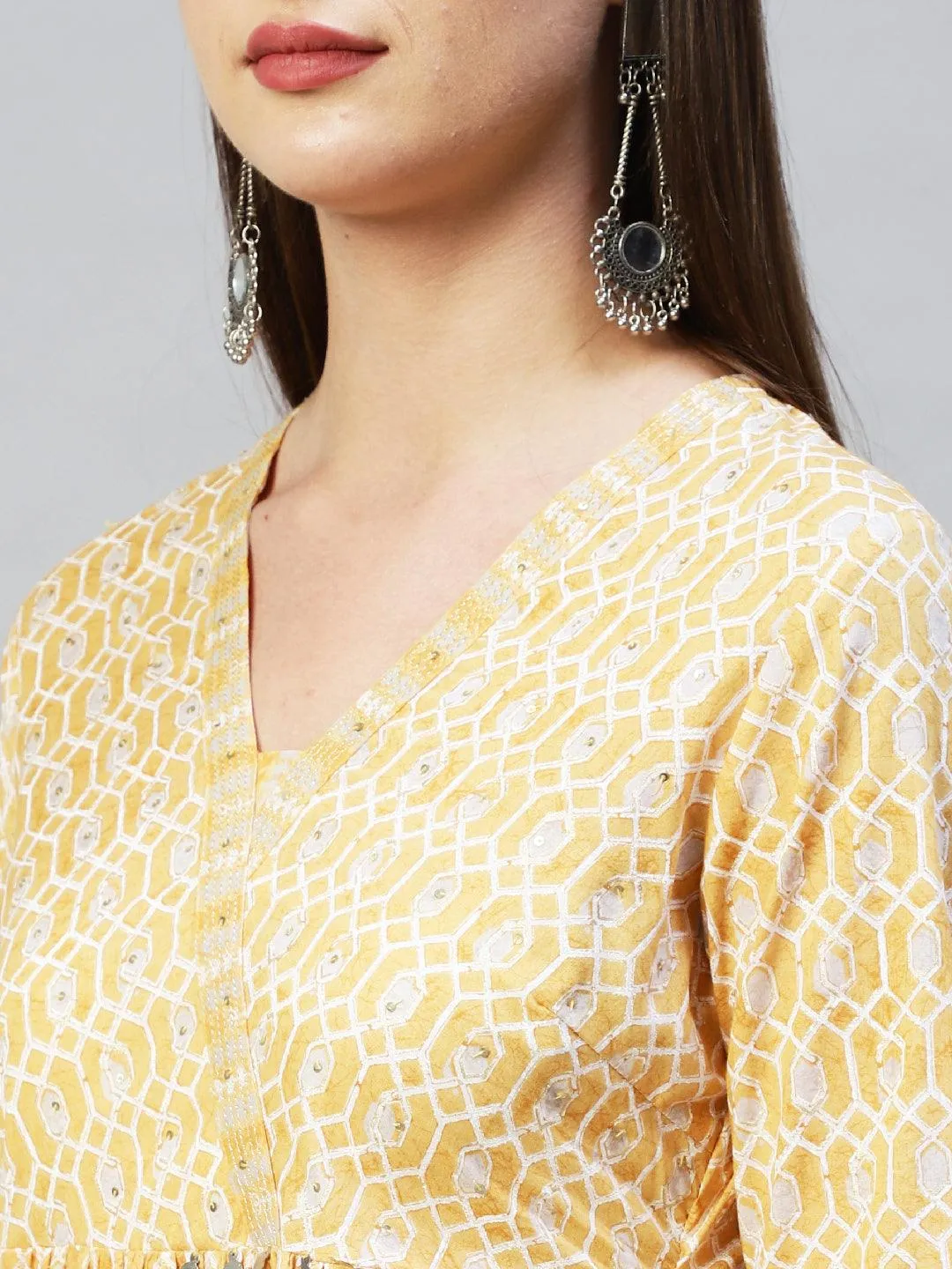 Ethnic Printed & Hand Embroidered Kurta with Pants & Dupatta - Yellow