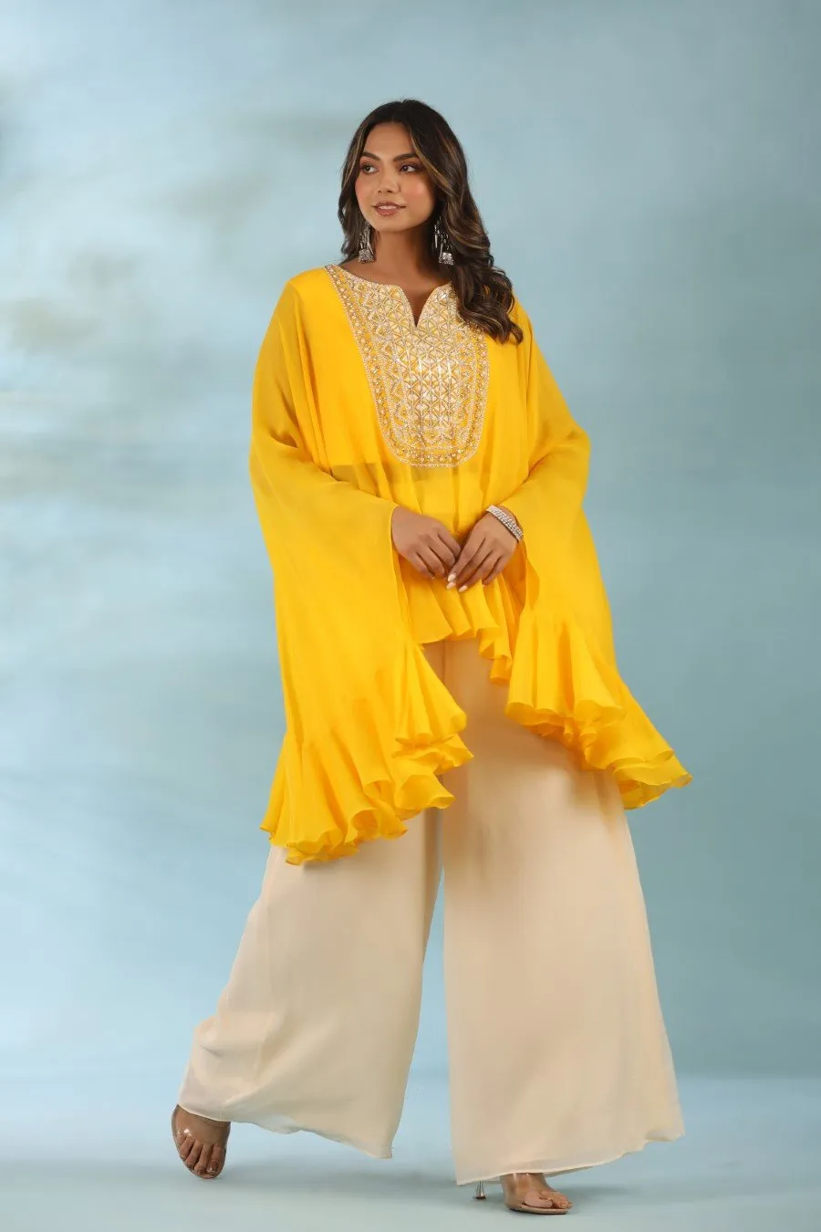 Festive Yellow Hand Embroidered Tunic With Palazzo