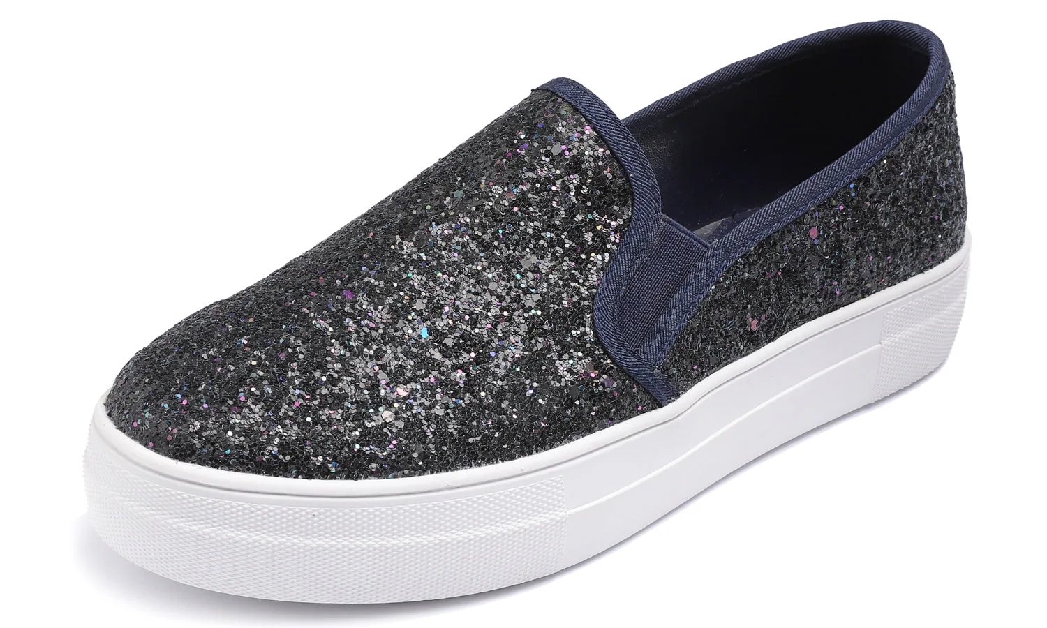 Feversole Women's Glitter Navy Platform Slip On Sneaker Casual Flat Loafers