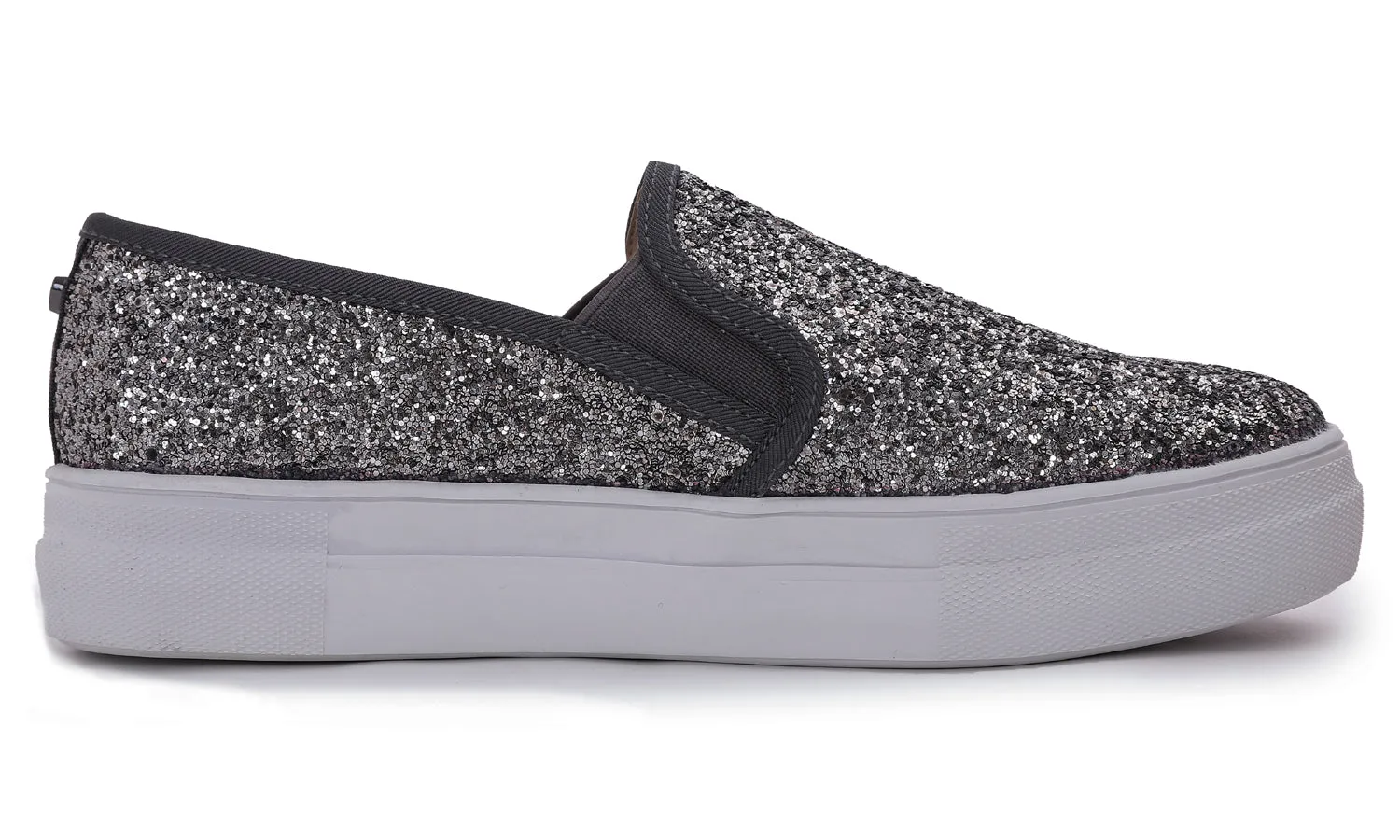 Feversole Women's Glitter Pewter Platform Slip On Sneaker Casual Flat Loafers