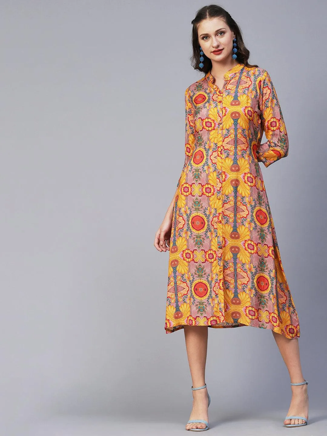 Floral, Abstract & Bohemian Printed A-line Midi Dress - Yellow & Multi