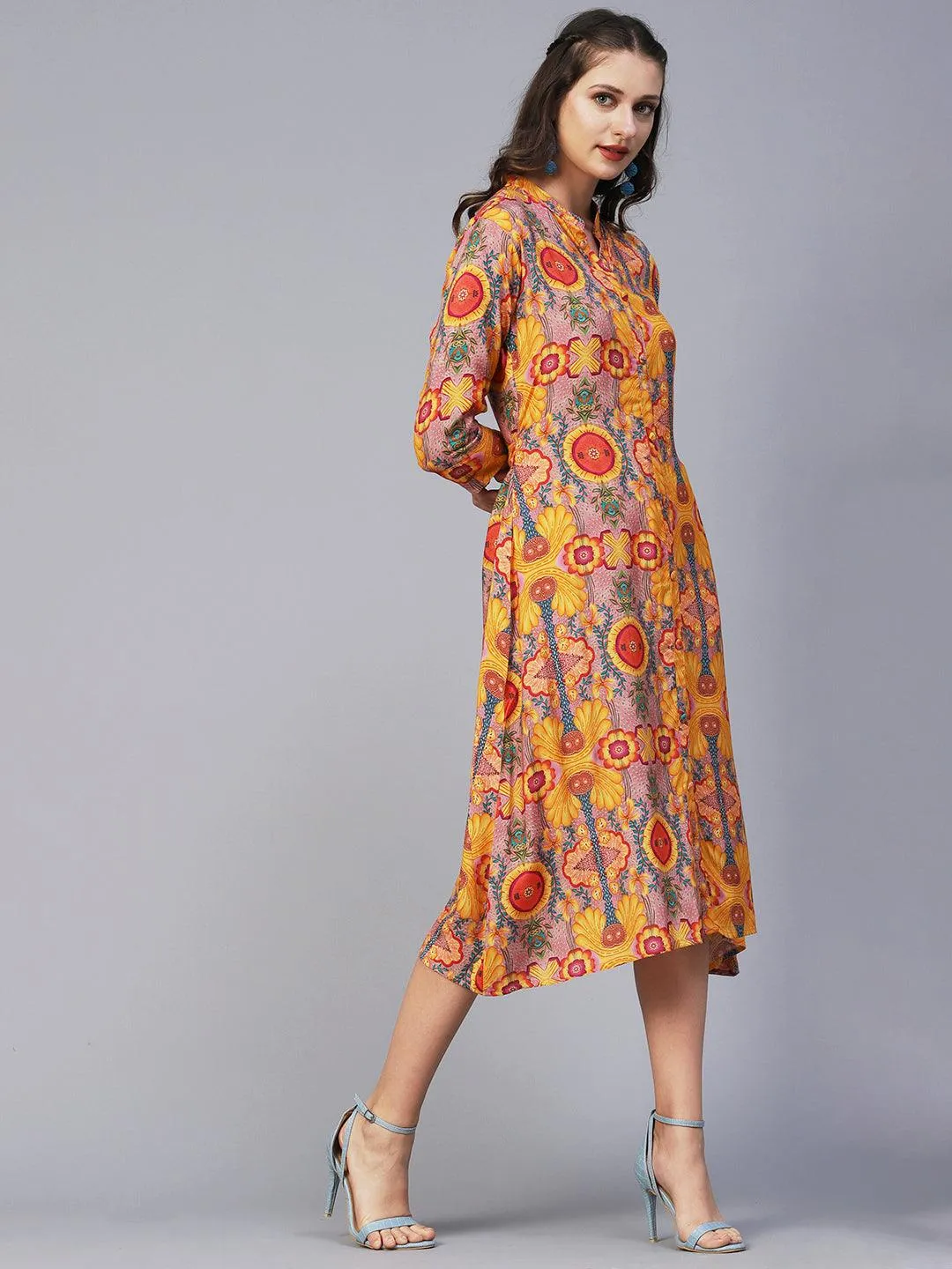 Floral, Abstract & Bohemian Printed A-line Midi Dress - Yellow & Multi