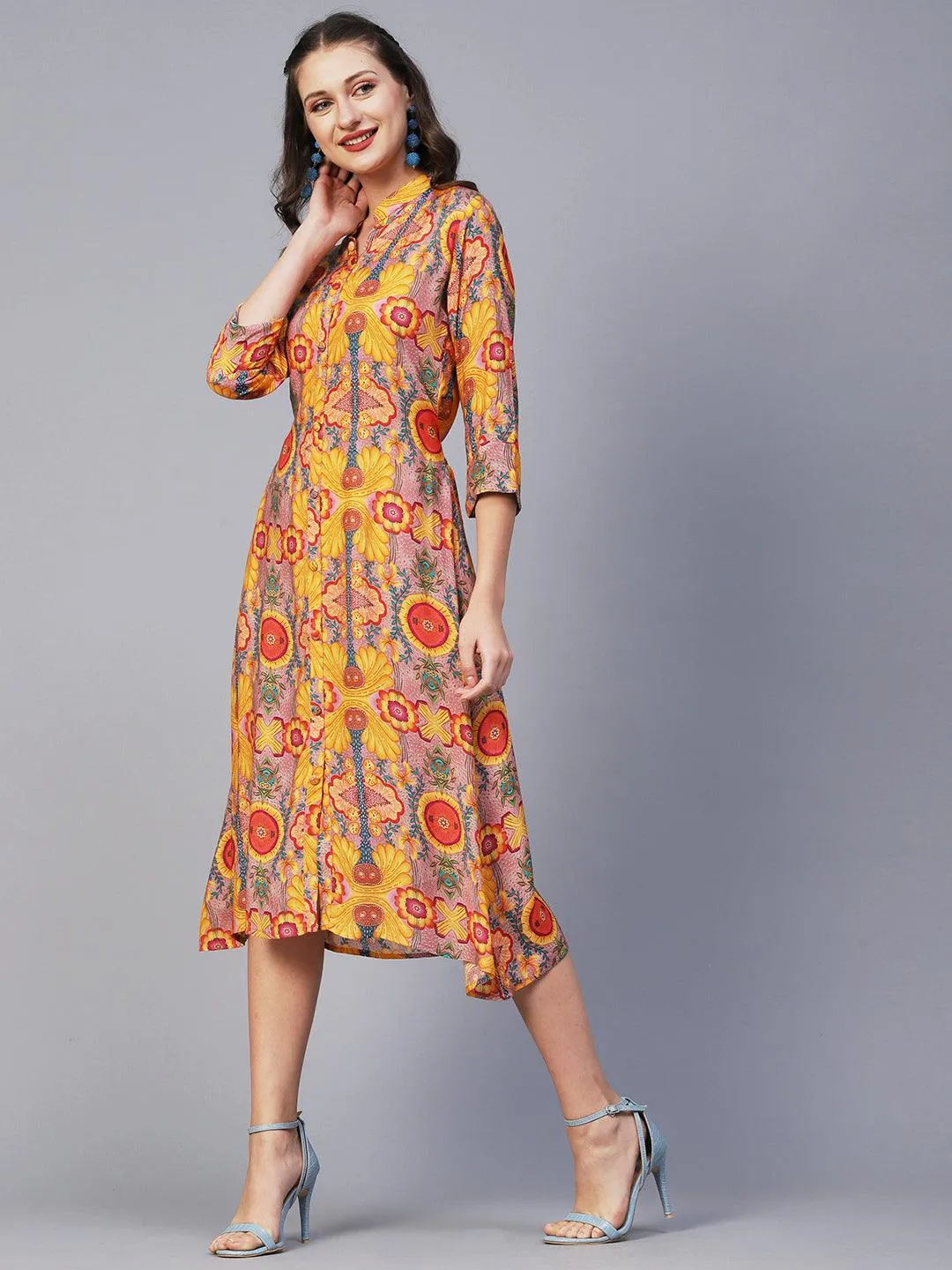 Floral, Abstract & Bohemian Printed A-line Midi Dress - Yellow & Multi