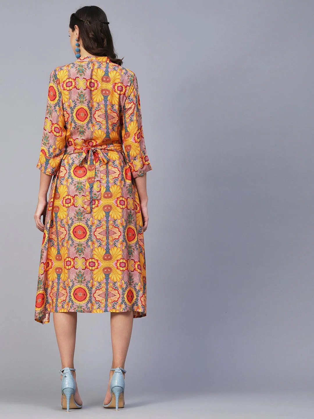 Floral, Abstract & Bohemian Printed A-line Midi Dress - Yellow & Multi