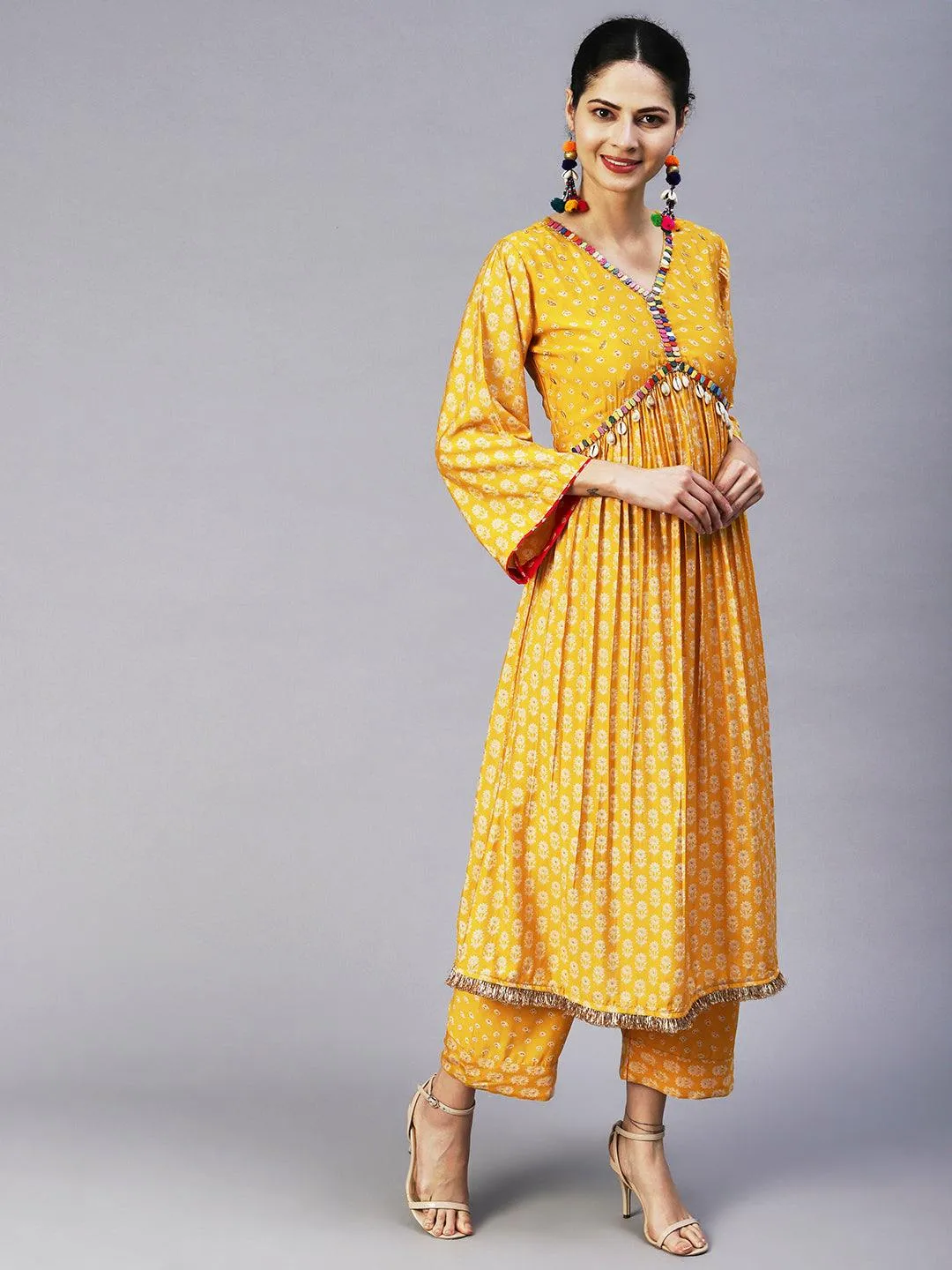 Floral & Bandhani Printed Embroidered A-Line Kurta with Pant - Yellow