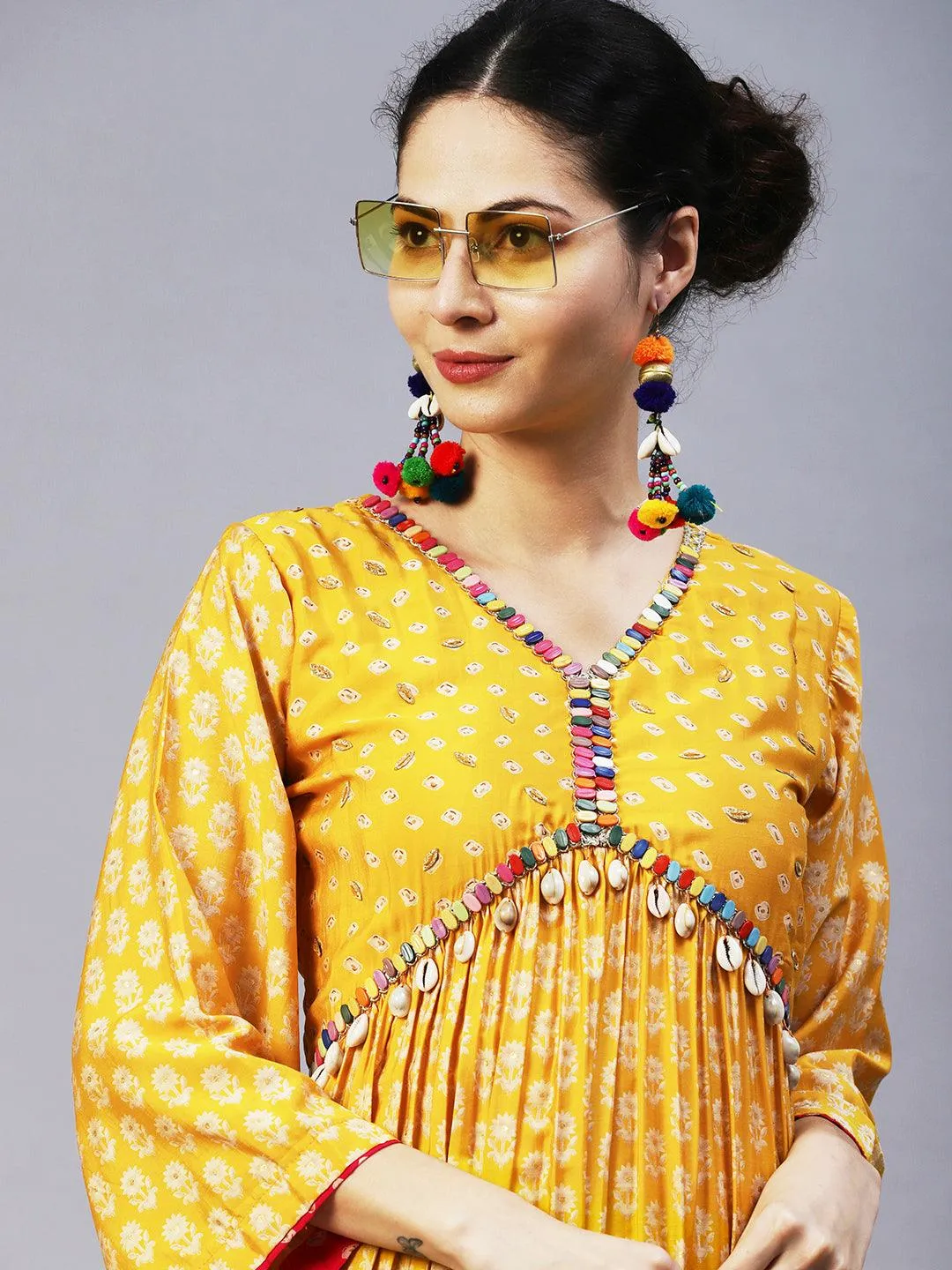 Floral & Bandhani Printed Embroidered A-Line Kurta with Pant - Yellow