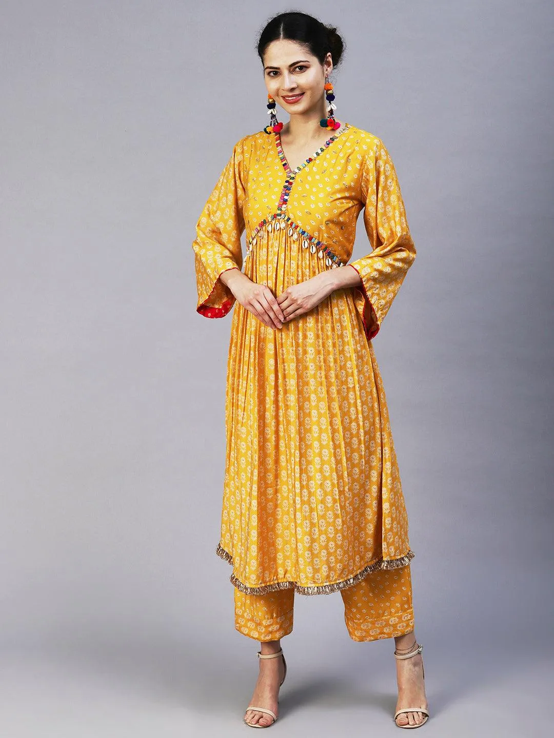 Floral & Bandhani Printed Embroidered A-Line Kurta with Pant - Yellow