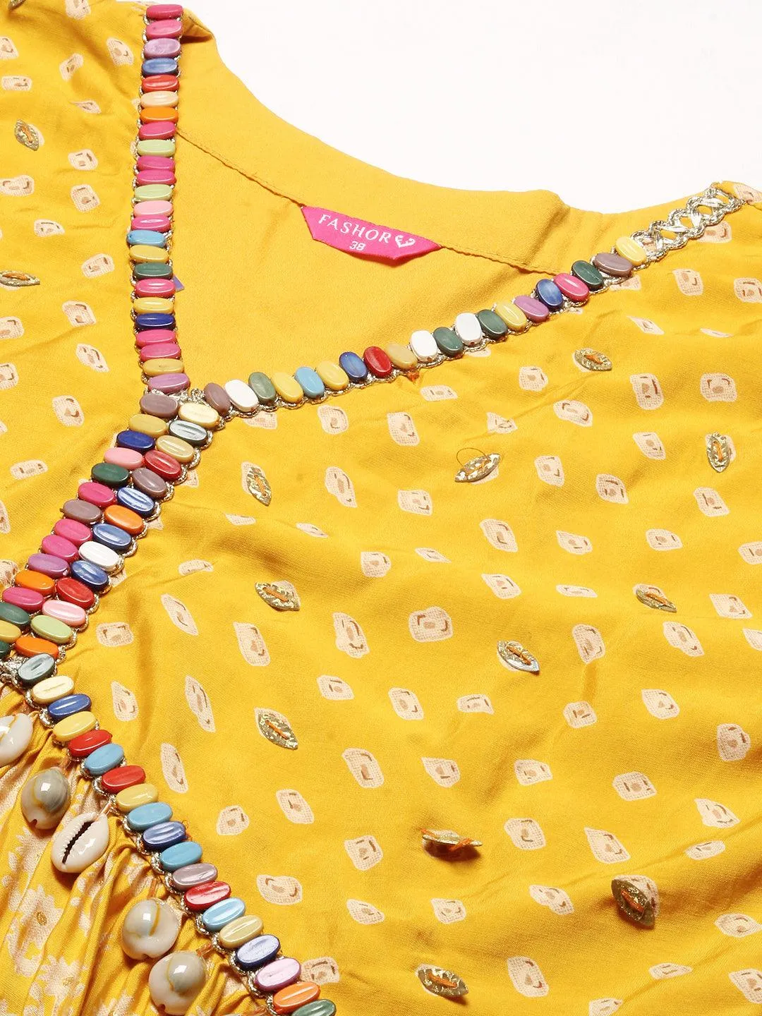 Floral & Bandhani Printed Embroidered A-Line Kurta with Pant - Yellow