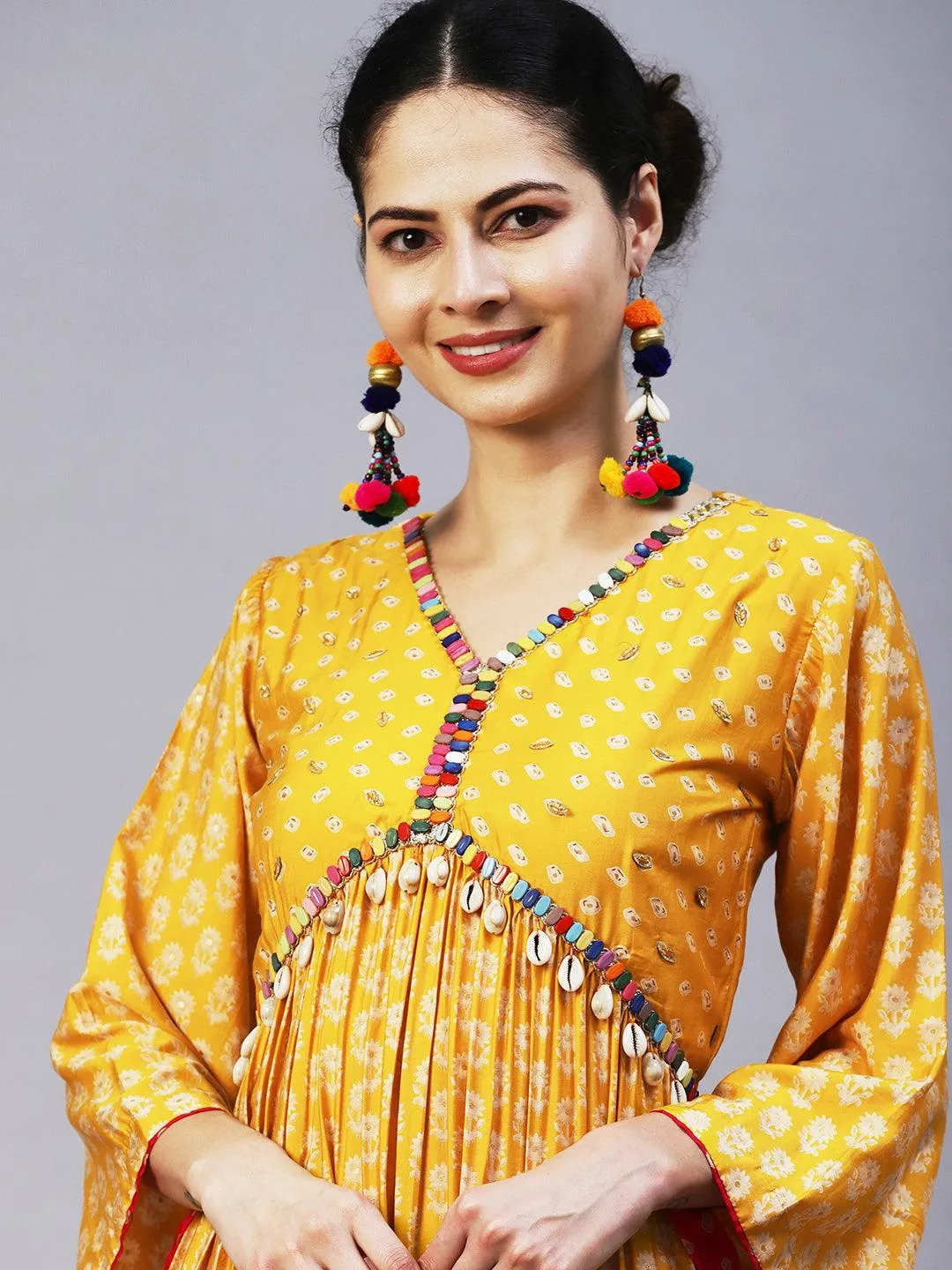 Floral & Bandhani Printed Embroidered A-Line Kurta with Pant - Yellow