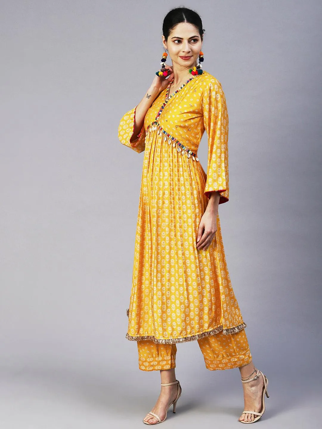 Floral & Bandhani Printed Embroidered A-Line Kurta with Pant - Yellow