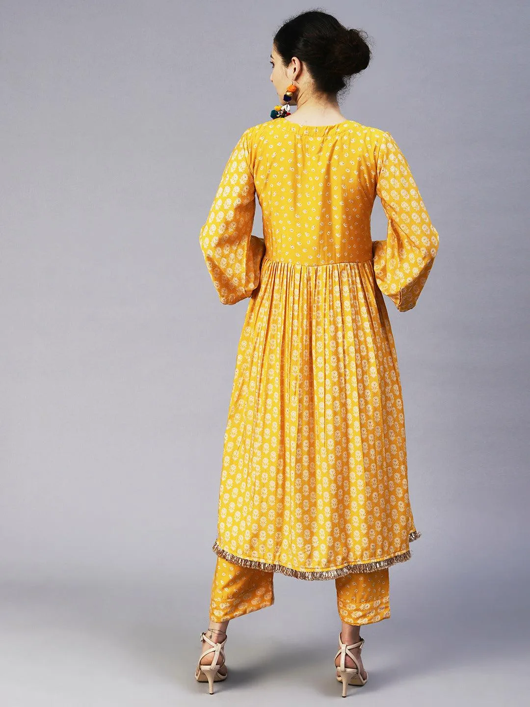 Floral & Bandhani Printed Embroidered A-Line Kurta with Pant - Yellow